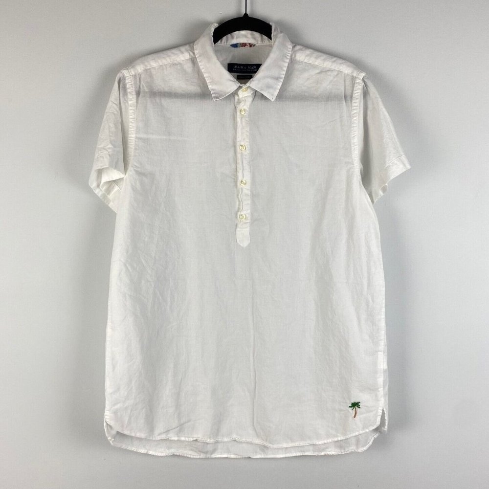 Zara Man Popover Shirt Mens Large White Lightweight Embroidered Palm Tree